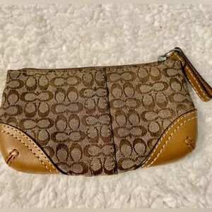 Coach Tan and Brown Signature Mini Wristlet
